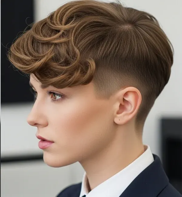 Classy Off-Center Curls with Tapered Sides Classy Off-Center Curls with Tapered Sides