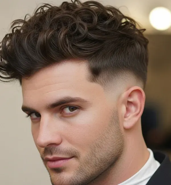Messy Curly Hair with Taper Fade