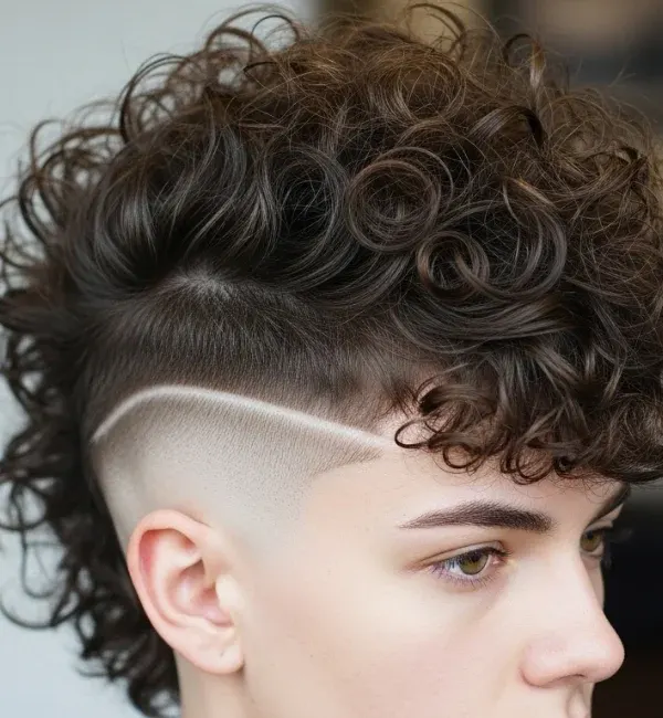 Messy Curly Mohawk with Temp Taper and Fringe Messy Curly Mohawk with Temp Taper and Fringe