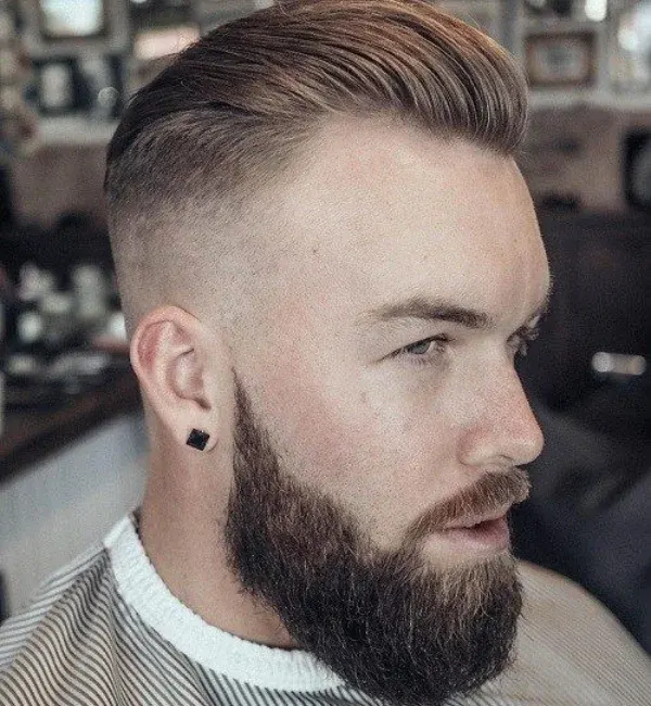 Short Slick Back with Mid Skin Fade and Beard