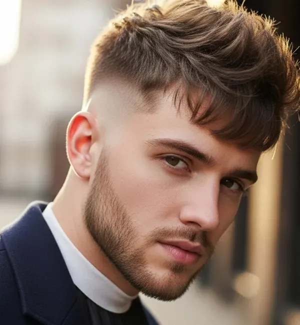 Thick Textured Crop Fade with Brushed Up Fringe