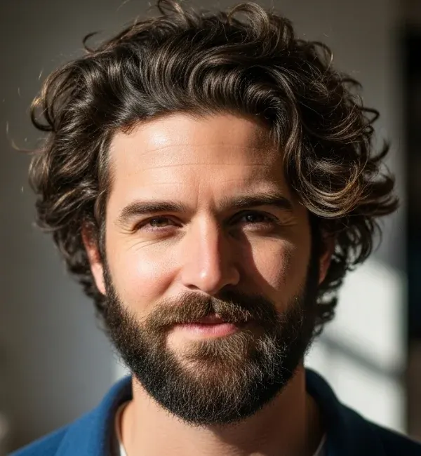 Tousled Medium Curls with Full Beard Tousled Medium Curls with Full Beard